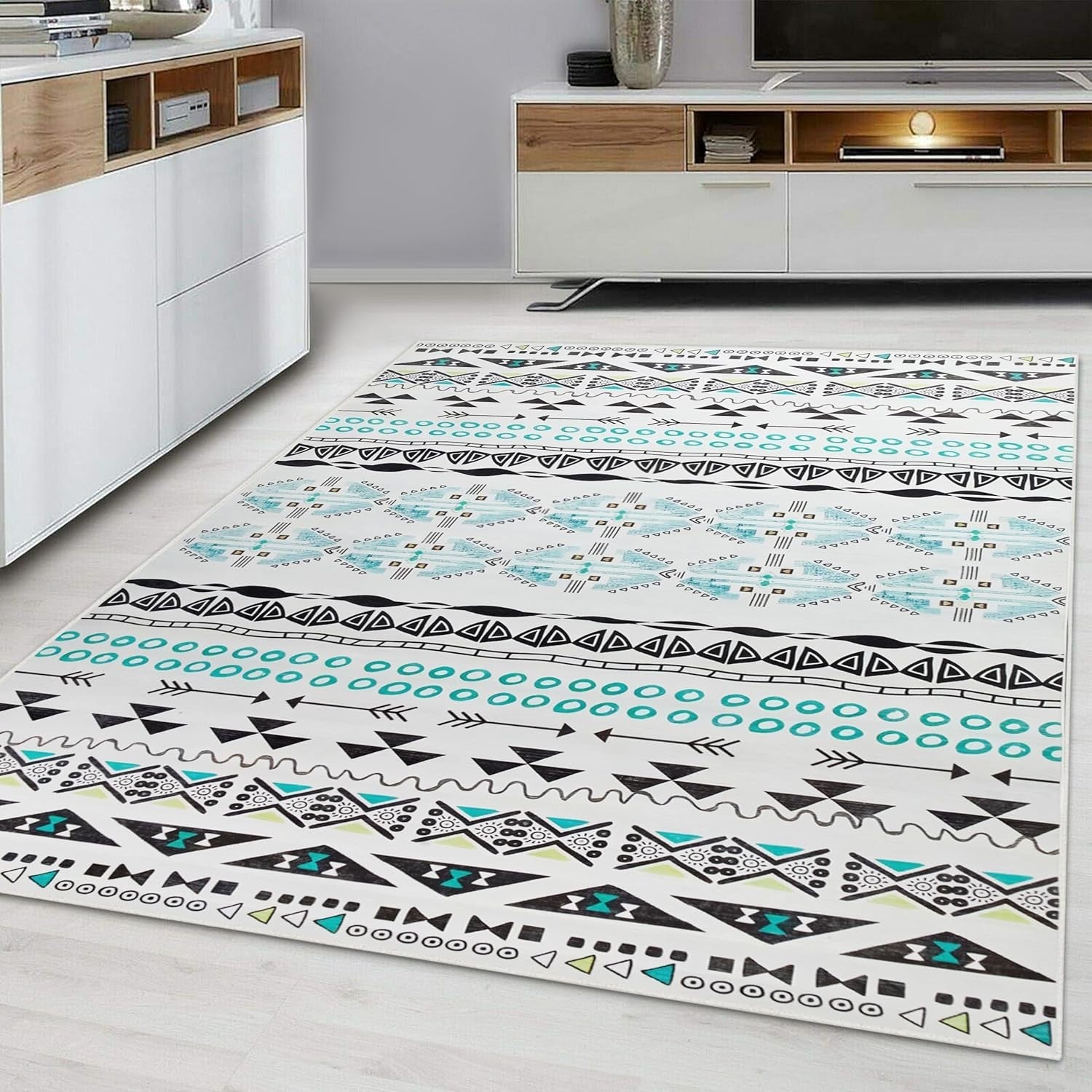 Large Geometric Tribal Rug Soft Modern Indoor Carpet Turquoise White 160x230cm - Kwikley