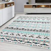 Large Geometric Tribal Rug Soft Modern Indoor Carpet Turquoise White 160x230cm - Kwikley