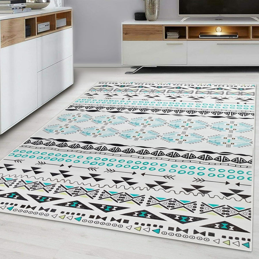 Large Geometric Tribal Rug Soft Modern Indoor Carpet Turquoise White 160x230cm - Kwikley