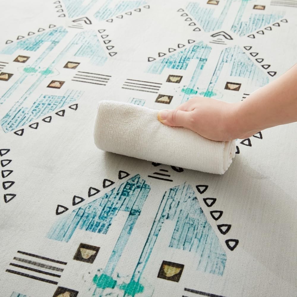 Large Geometric Tribal Rug Soft Modern Indoor Carpet Turquoise White 160x230cm - Kwikley