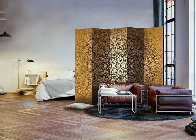Large Gold Mandala 5 - Panel Double - Sided Room Divider Privacy Screen 225×172cm - Kwikley