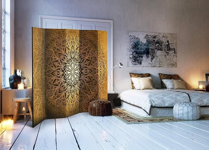 Large Gold Mandala 5 - Panel Double - Sided Room Divider Privacy Screen 225×172cm - Kwikley