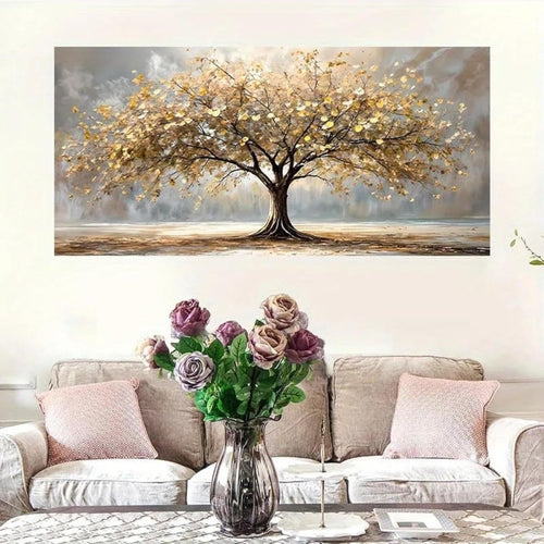 Large Golden Tree Canvas Wall Art 120x60cm Abstract Print - Kwikley