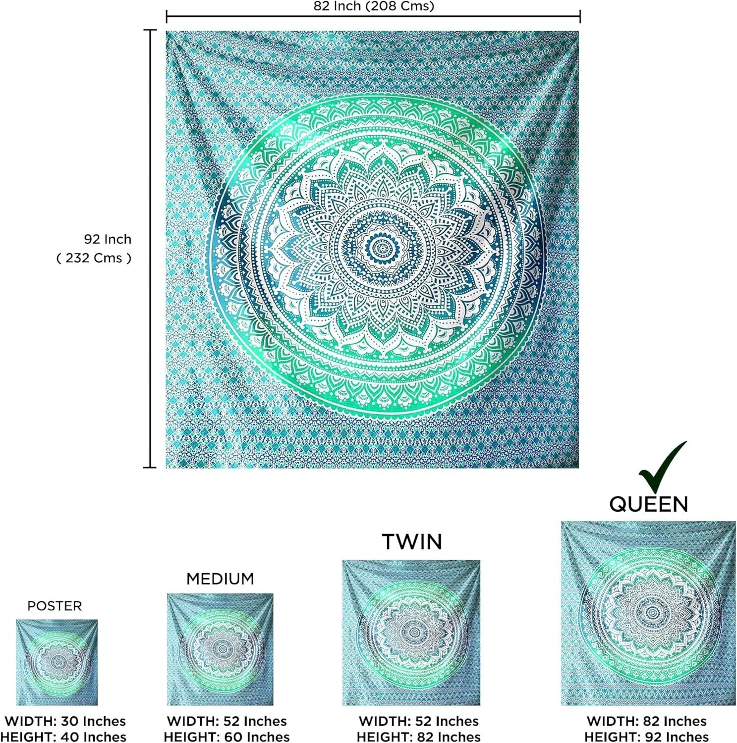 Large Green Ombre Mandala Tapestry 82x92" Cotton Wall Hanging - Kwikley