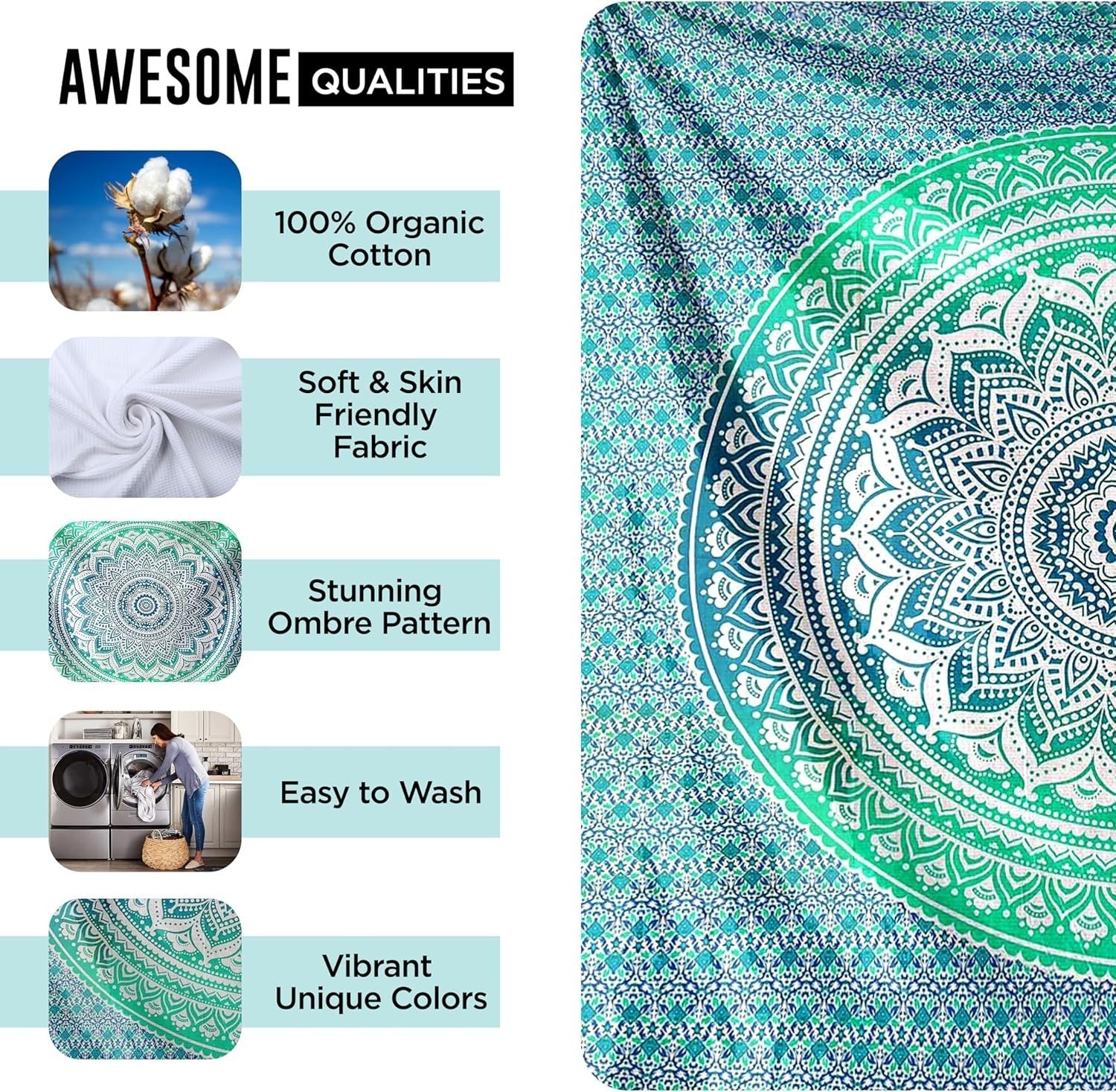 Large Green Ombre Mandala Tapestry 82x92" Cotton Wall Hanging - Kwikley