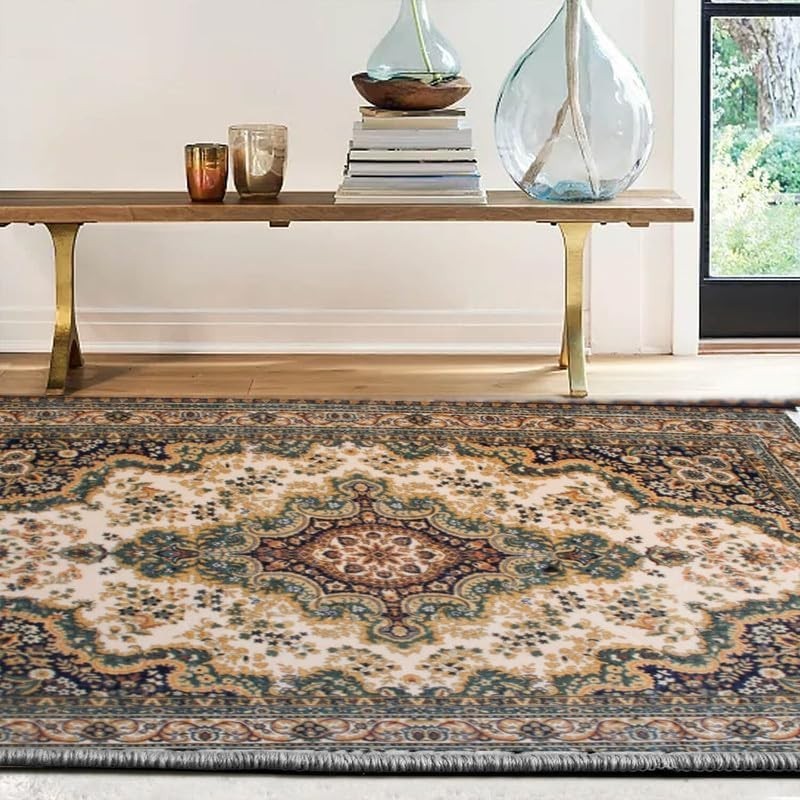 Large Green Traditional Area Rug 200x290cm Washable Non Slip Kashmir Carpet - Kwikley