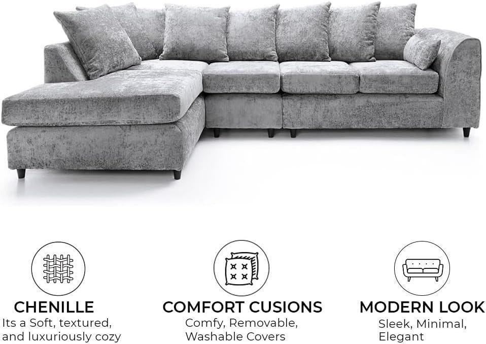 Large Grey 5 - Seater L - Shape Corner Sofa - Deep Seats, Comfy Chenille Lounge - Kwikley