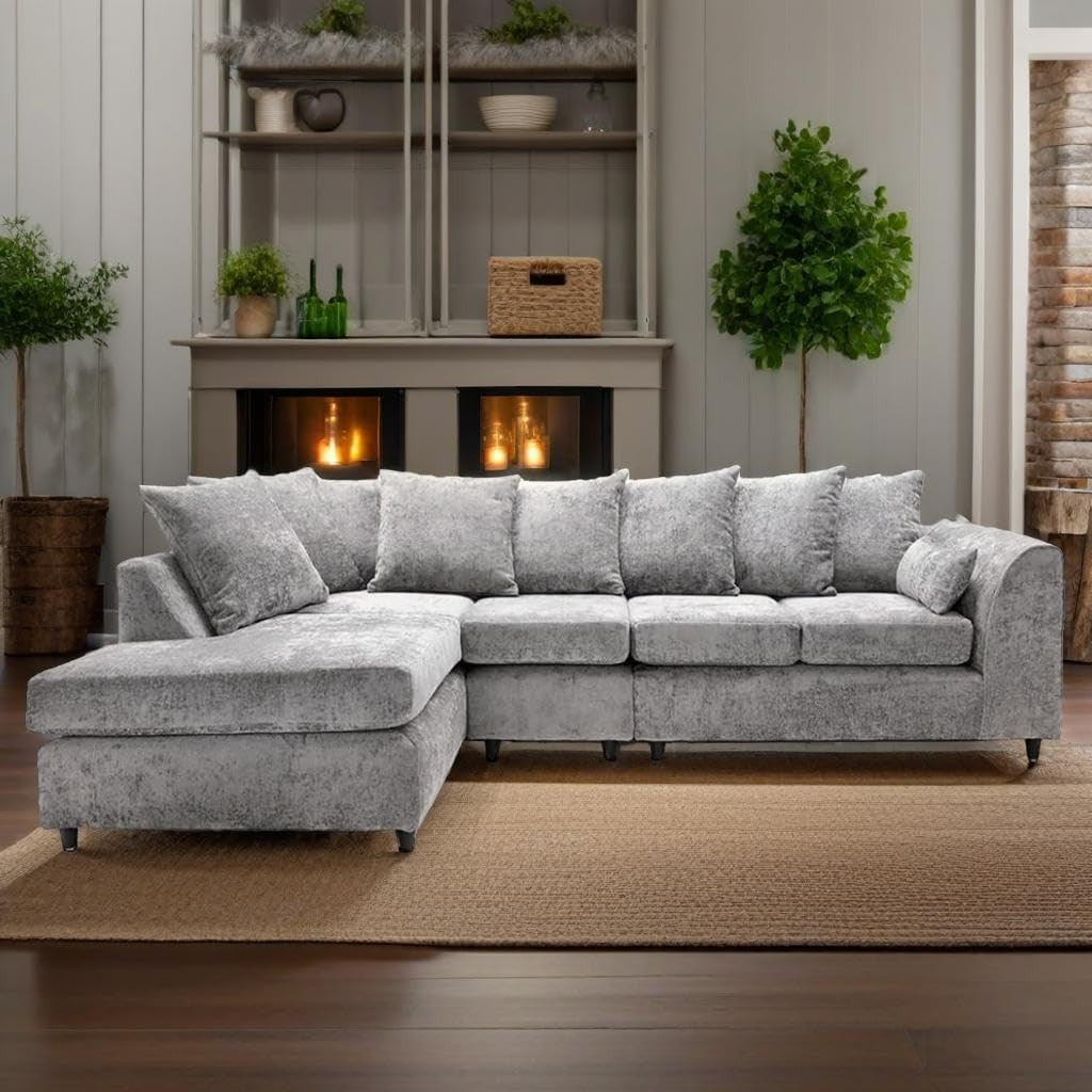 Large Grey 5 - Seater L - Shape Corner Sofa - Deep Seats, Comfy Chenille Lounge - Kwikley