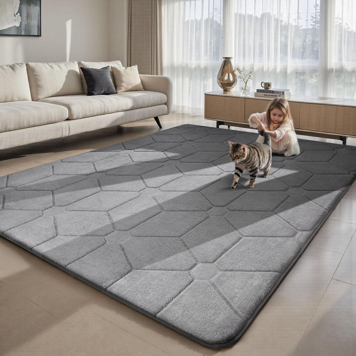 Large Grey Area Rug 140x200cm Washable Anti Slip Short Pile Carpet - Kwikley