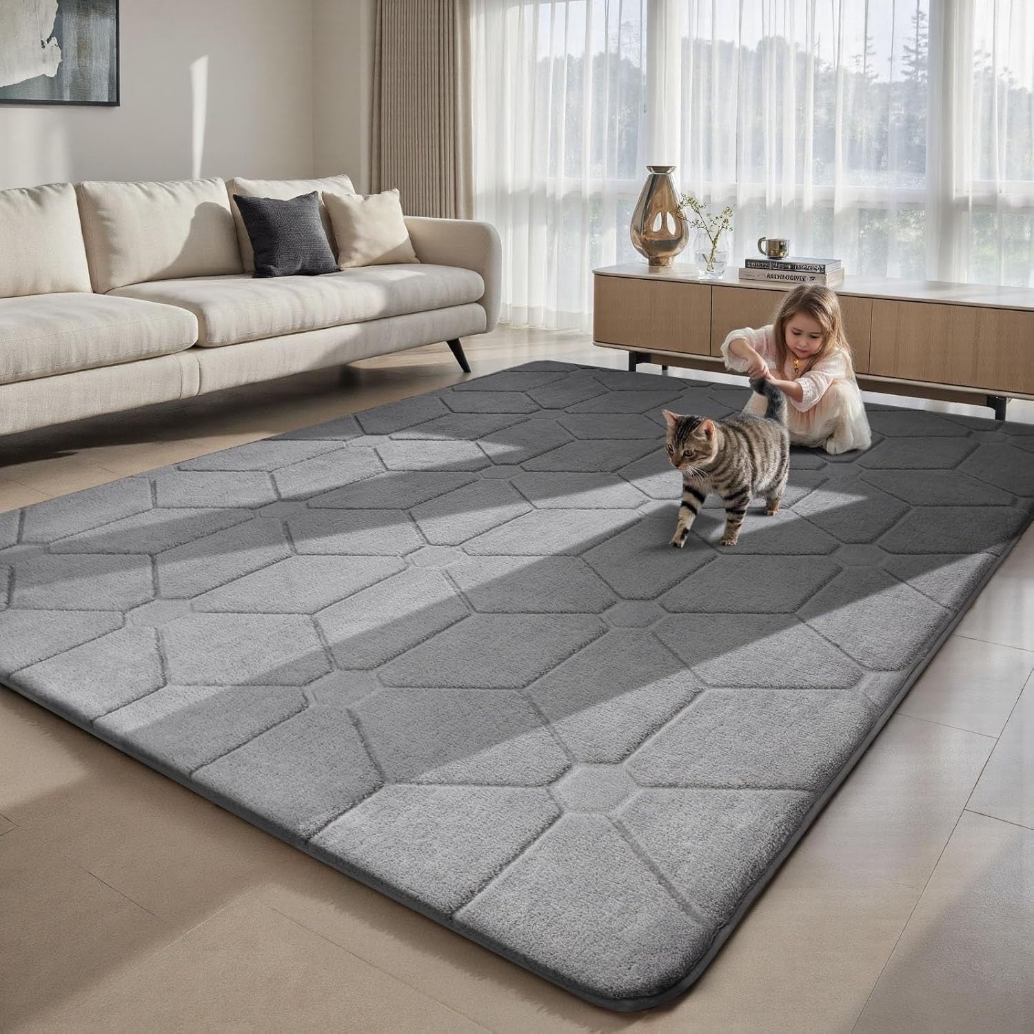 Large Grey Area Rug 140x200cm Washable Anti Slip Short Pile Carpet - Kwikley