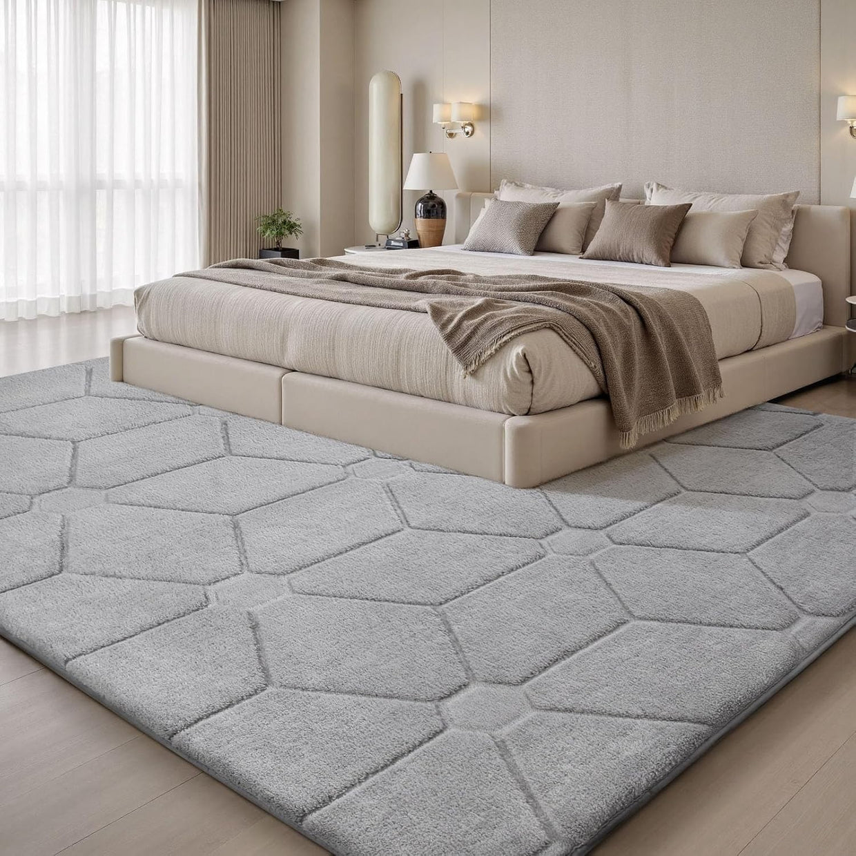 Large Grey Area Rug 140x200cm Washable Anti Slip Short Pile Carpet - Kwikley