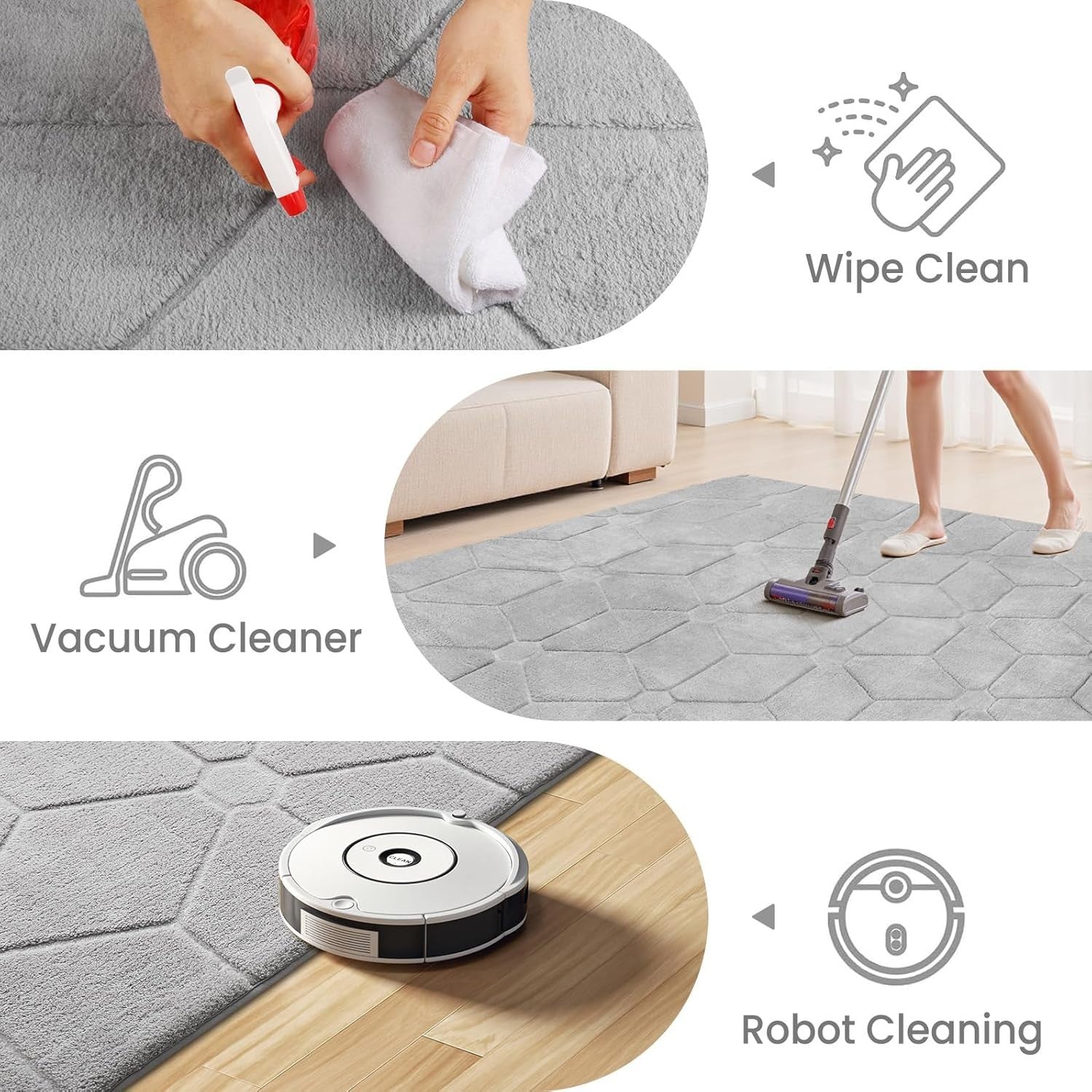 Large Grey Area Rug 140x200cm Washable Anti Slip Short Pile Carpet - Kwikley
