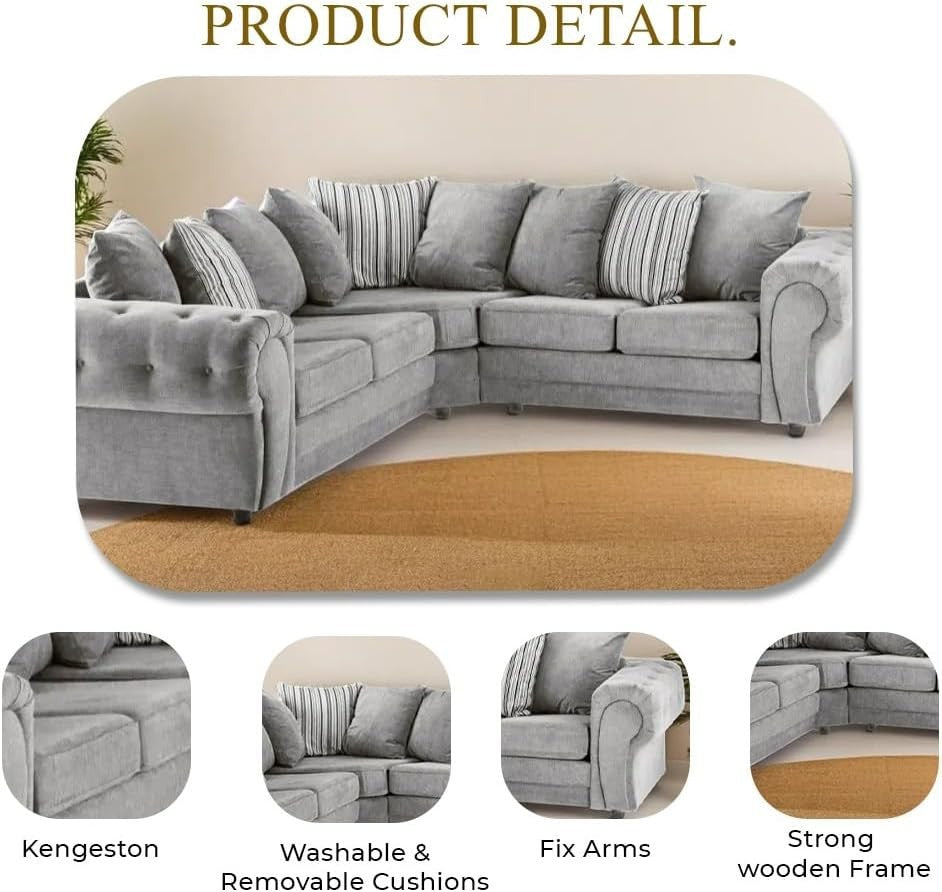 Large Grey Chesterfield Corner Sofa 5 - Seater – Comfy, Removable Covers - Kwikley