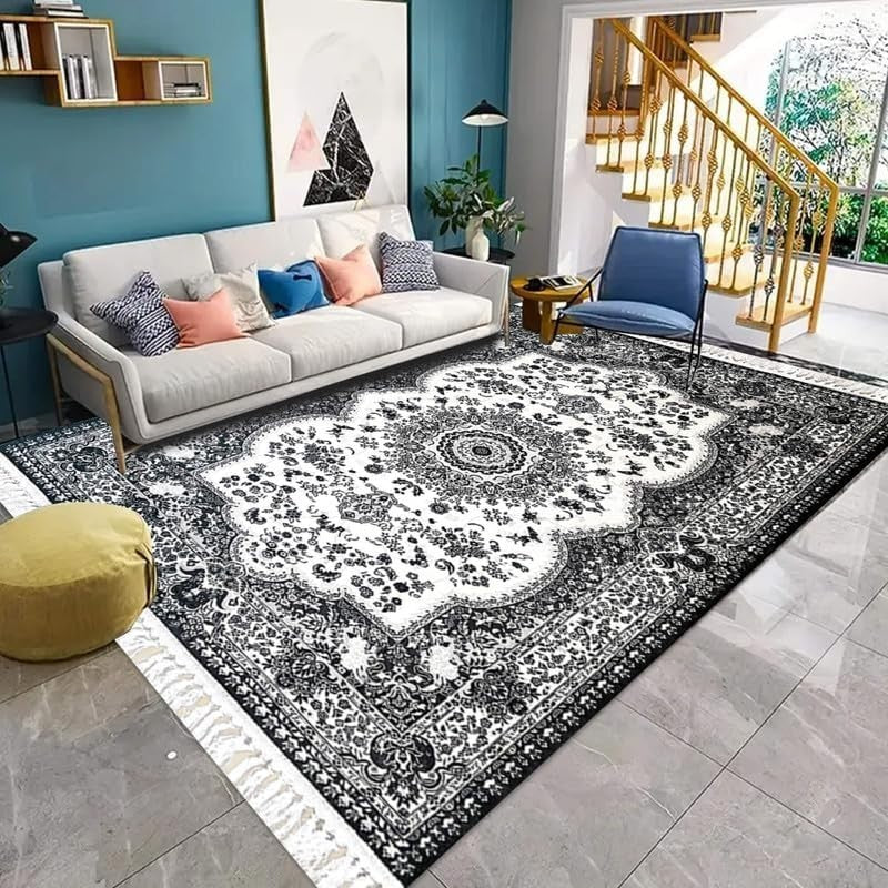 Large Grey Mughal Area Rug 200x290cm Washable Non Slip Traditional Carpet - Kwikley