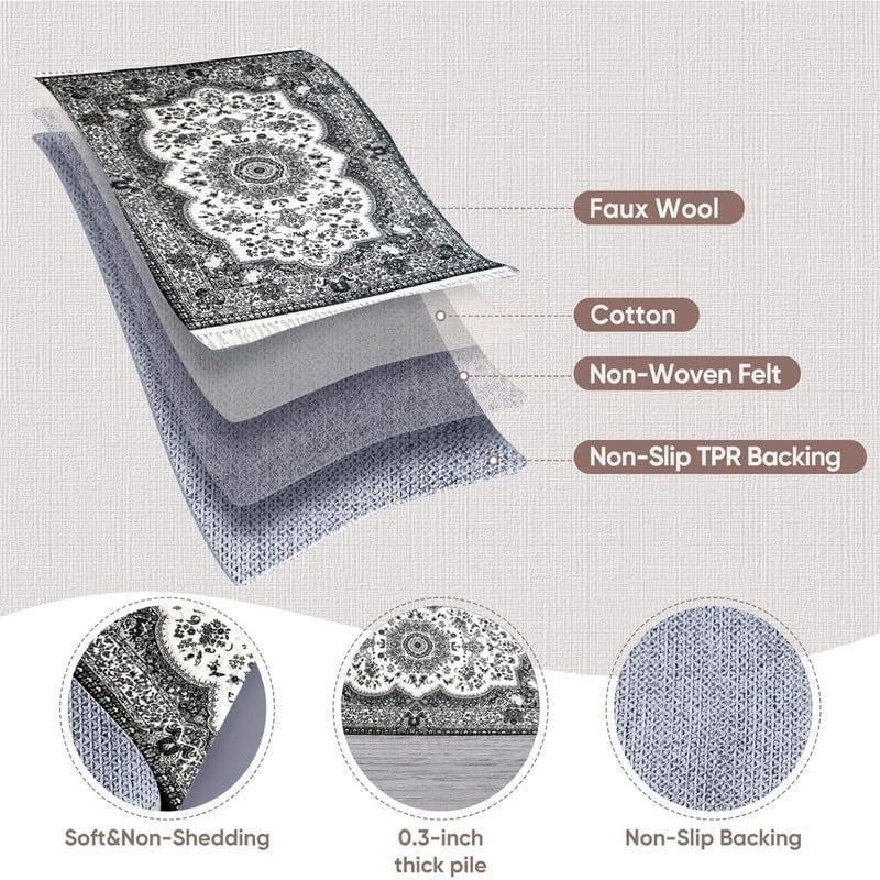 Large Grey Mughal Area Rug 200x290cm Washable Non Slip Traditional Carpet - Kwikley