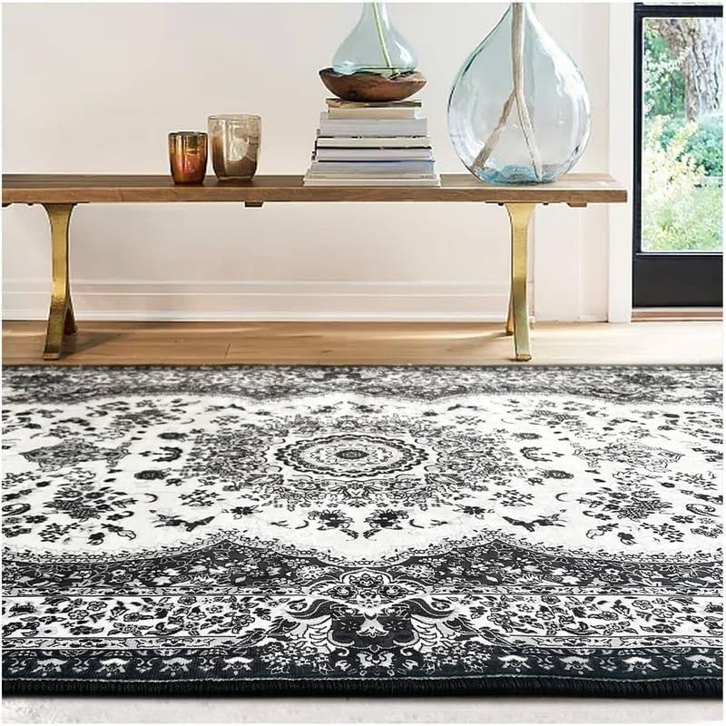Large Grey Mughal Area Rug 200x290cm Washable Non Slip Traditional Carpet - Kwikley