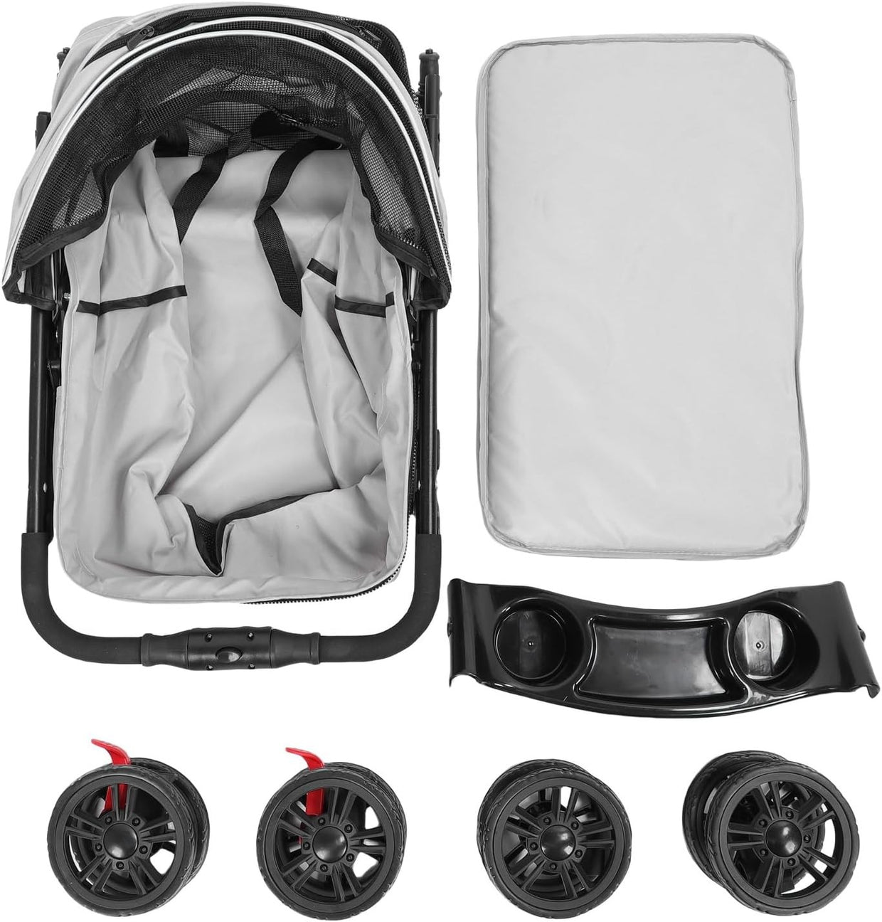 Large Grey Pet Stroller Foldable Dog Cat Pushchair 2 Way Zip Canopy Tray - Kwikley