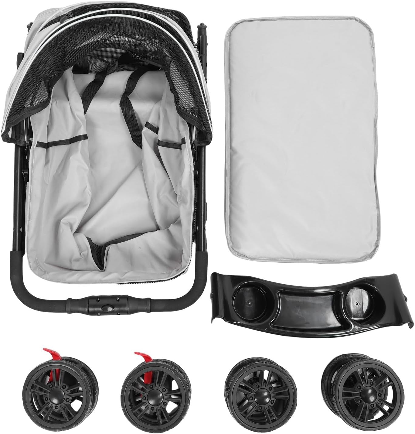 Large Grey Pet Stroller Foldable Dog Cat Pushchair 2 Way Zip Canopy Tray - Kwikley