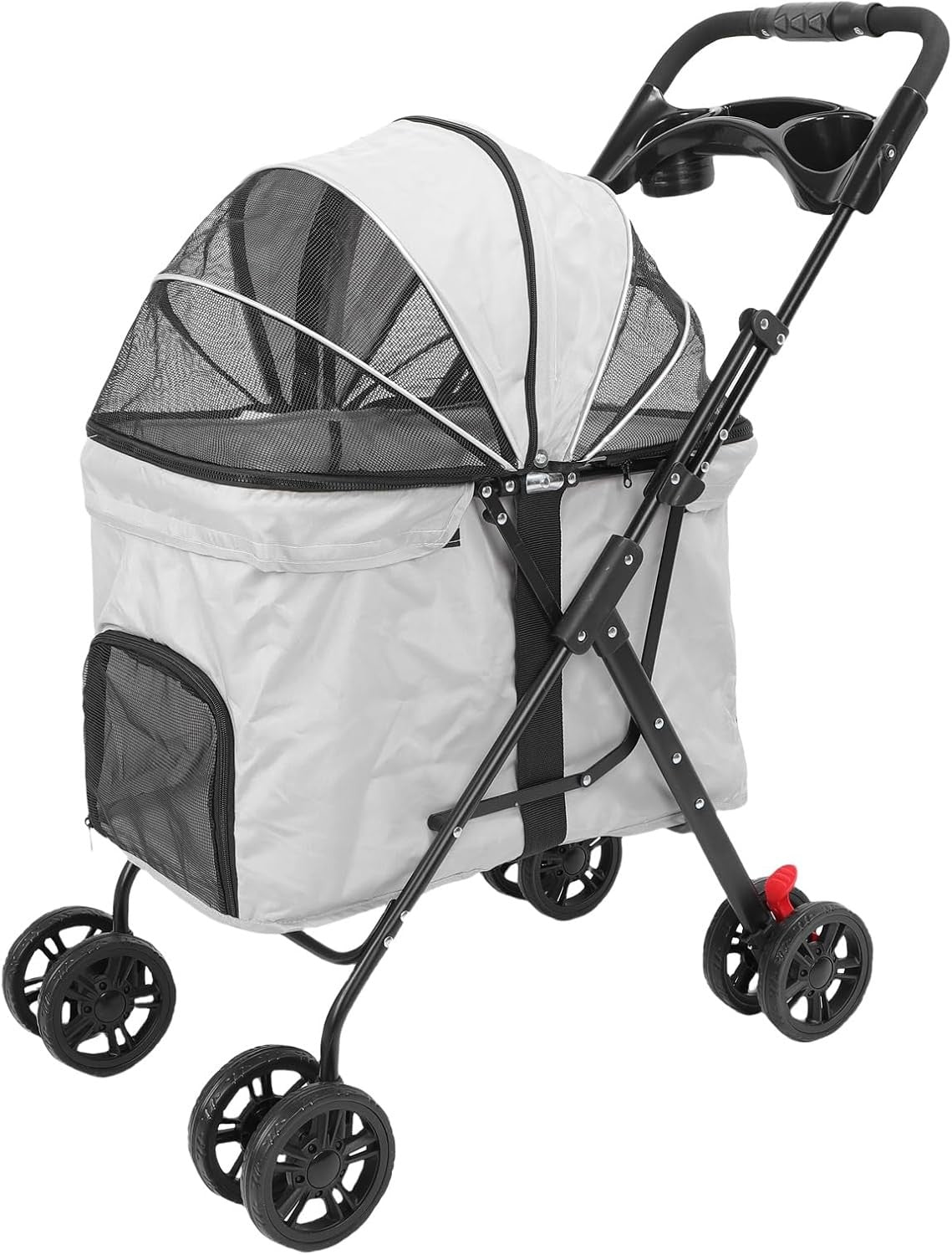 Large Grey Pet Stroller Foldable Dog Cat Pushchair 2 Way Zip Canopy Tray - Kwikley