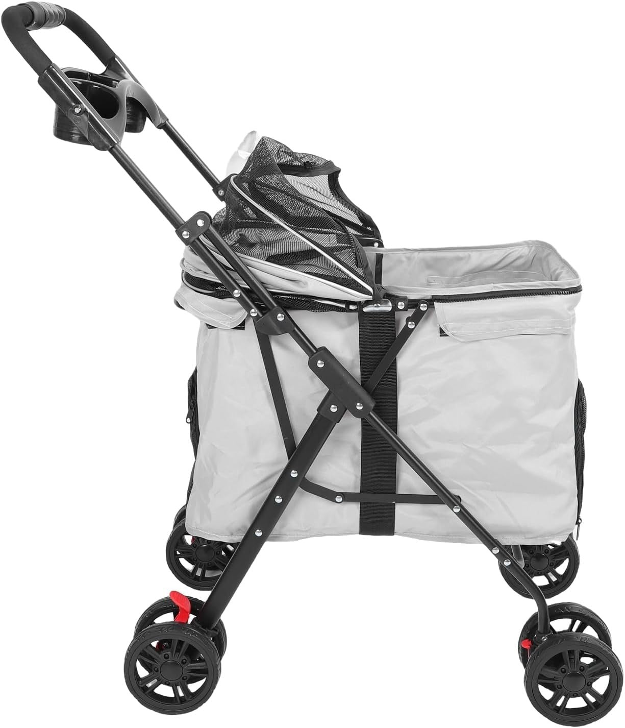 Large Grey Pet Stroller Foldable Dog Cat Pushchair 2 Way Zip Canopy Tray - Kwikley
