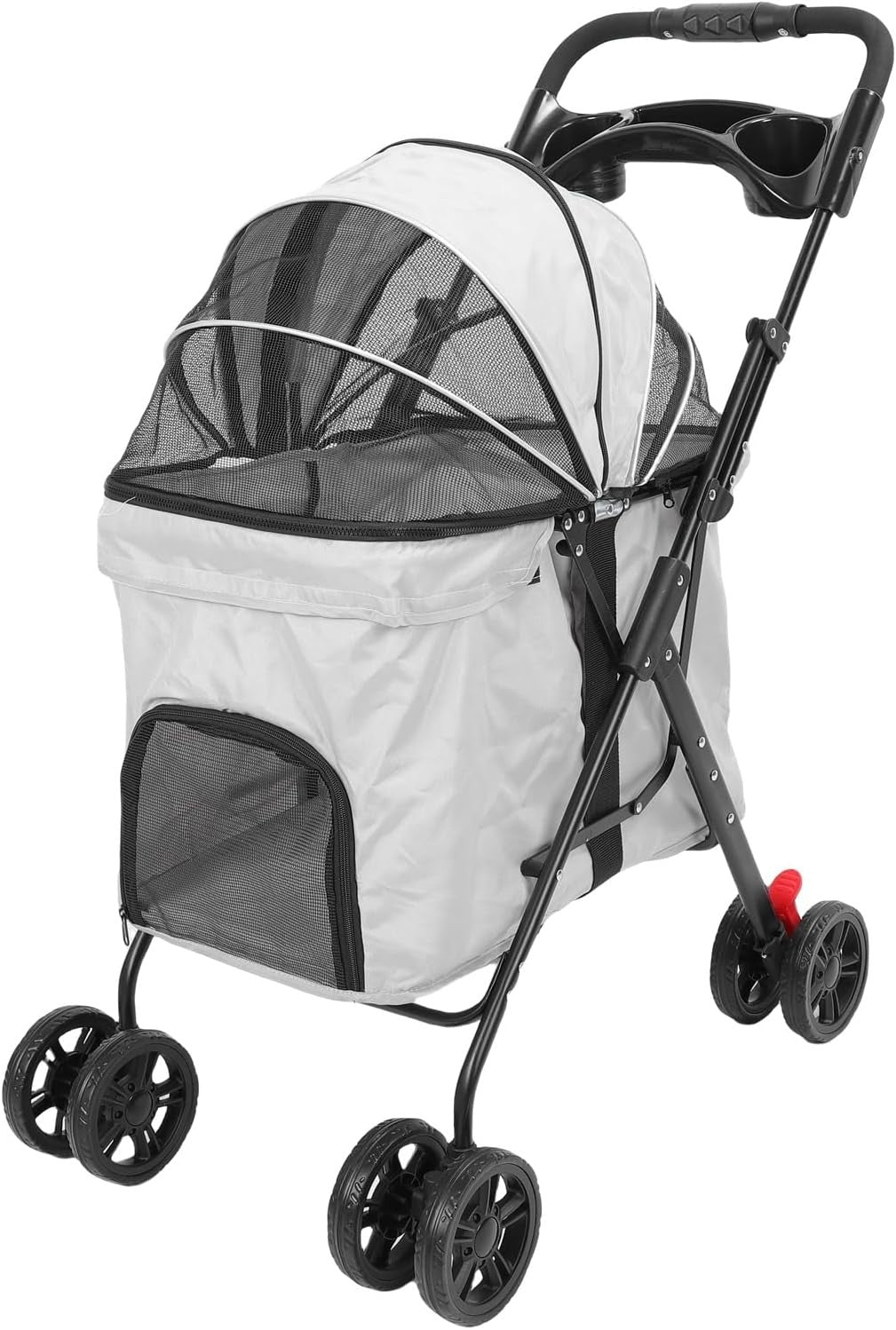 Large Grey Pet Stroller Foldable Dog Cat Pushchair 2 Way Zip Canopy Tray - Kwikley