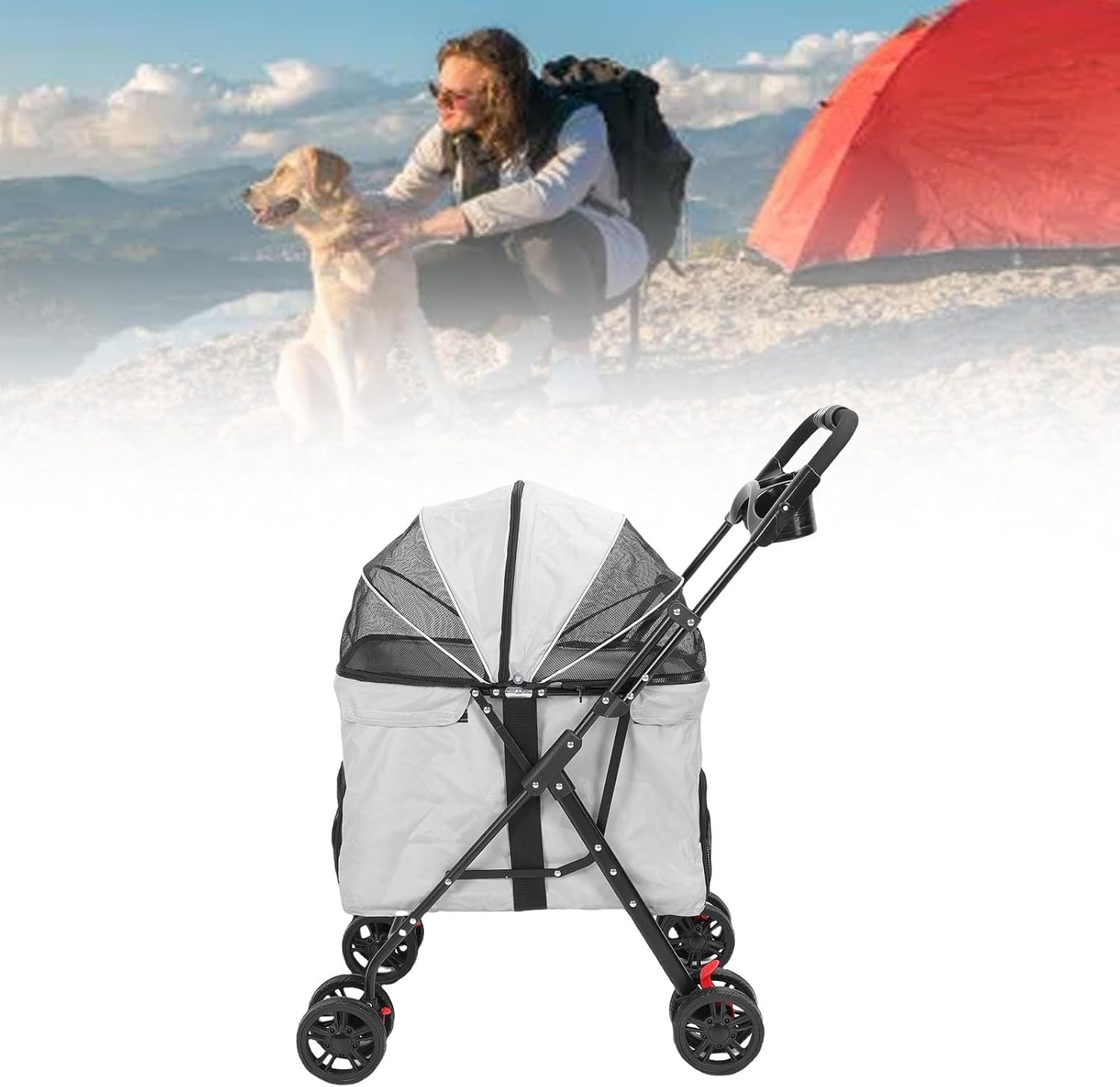 Large Grey Pet Stroller Foldable Dog Cat Pushchair 2 Way Zip Canopy Tray - Kwikley