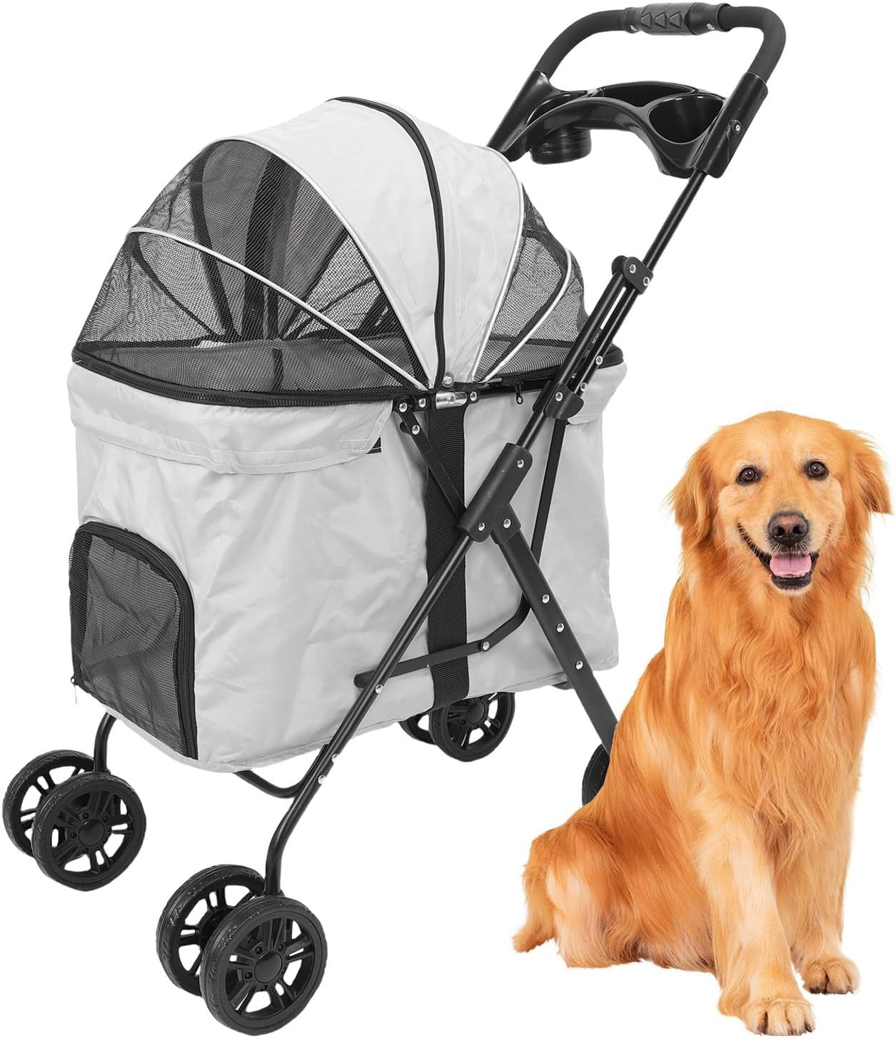Large Grey Pet Stroller Foldable Dog Cat Pushchair 2 Way Zip Canopy Tray - Kwikley