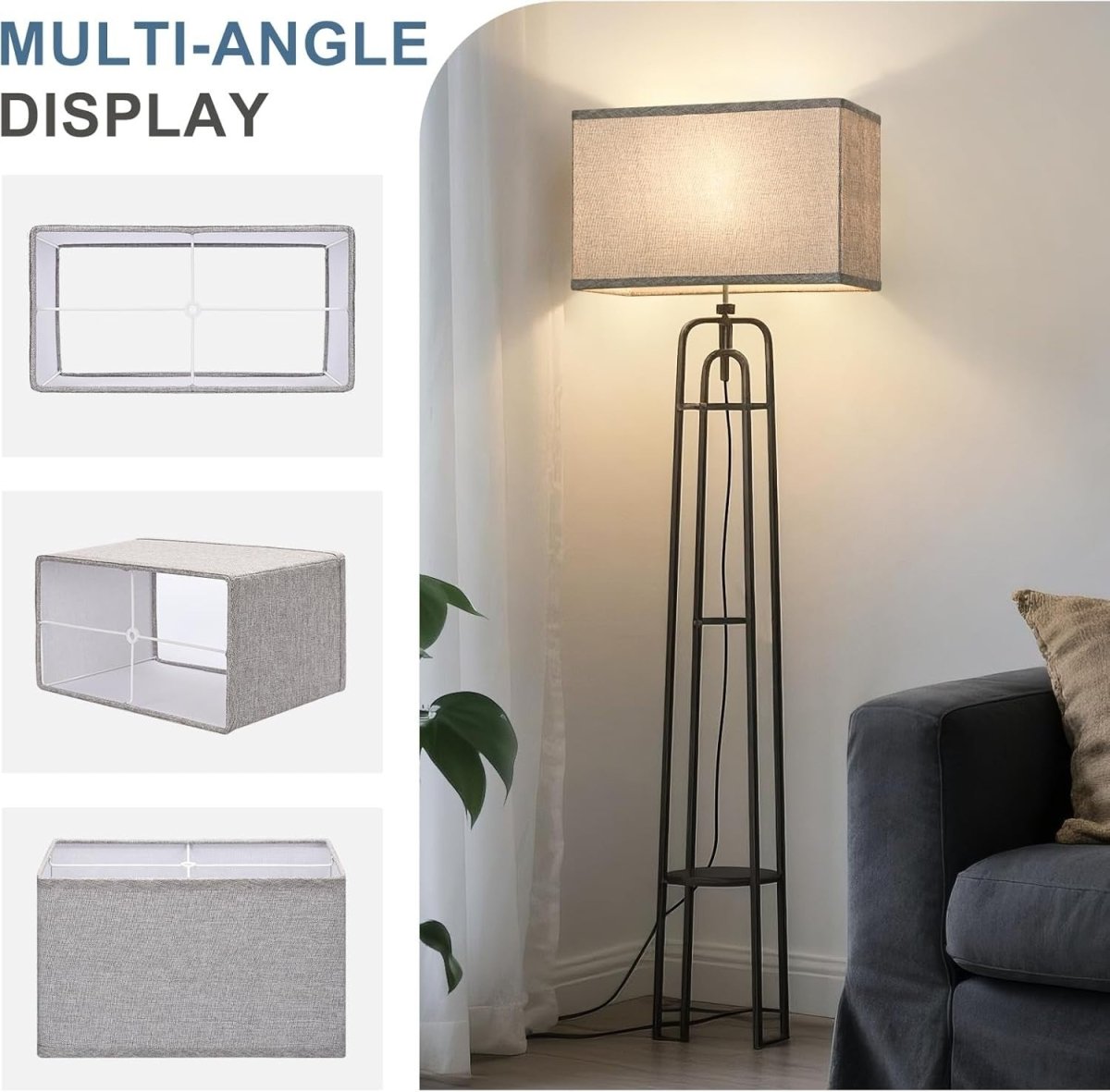 Large Grey Rectangle Lamp Shades Set of 2 Linen Spider Fit 16x8x10 - Kwikley