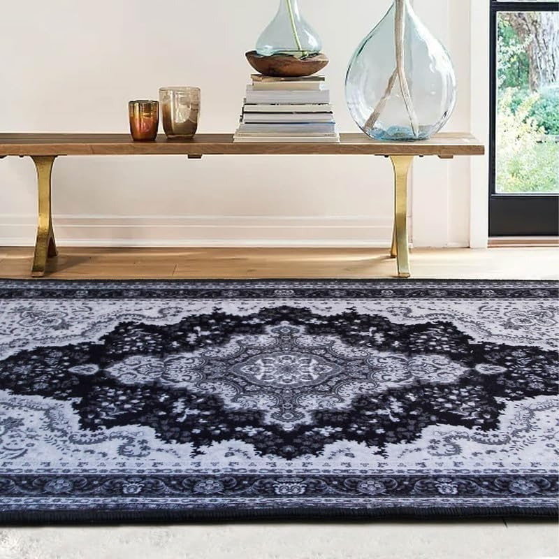 Large Grey Traditional Area Rug 200x290cm Washable Non Slip Kashmir Carpet - Kwikley