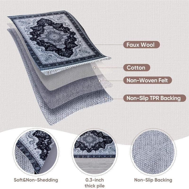 Large Grey Traditional Area Rug 200x290cm Washable Non Slip Kashmir Carpet - Kwikley