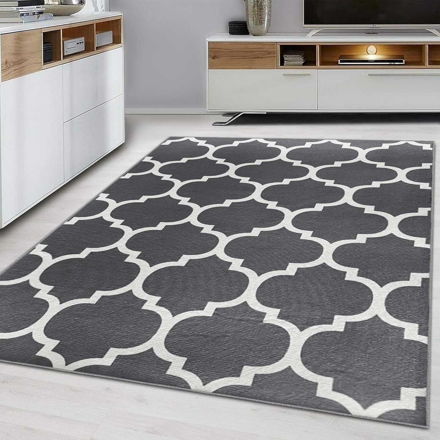 Large Grey Trellis Rug 200x290cm Soft Non - Shedding Modern Living Room Carpet Mat - Kwikley