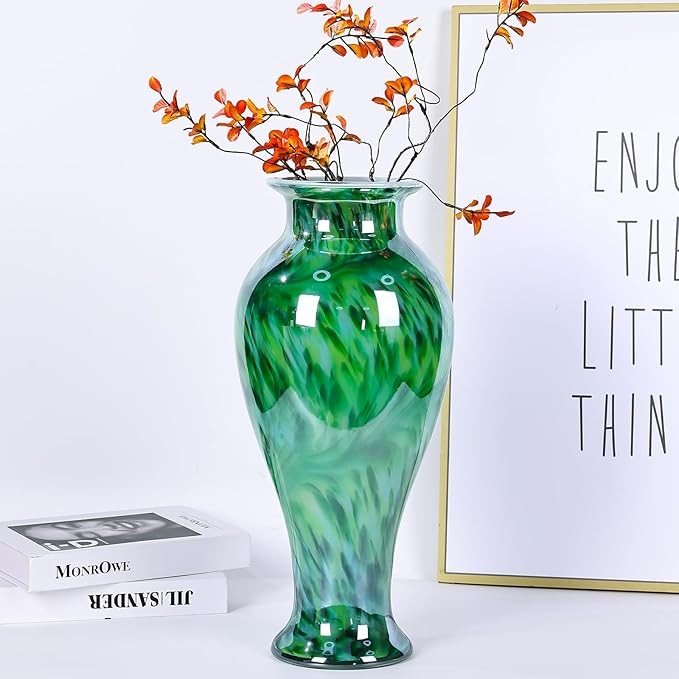 Large Hand Blown Green Glass Floor Vase 20in Modern Luxury Home Decor - Kwikley