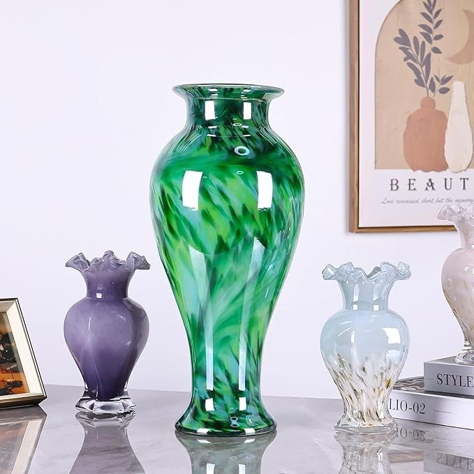 Large Hand Blown Green Glass Floor Vase 20in Modern Luxury Home Decor - Kwikley