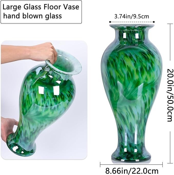 Large Hand Blown Green Glass Floor Vase 20in Modern Luxury Home Decor - Kwikley