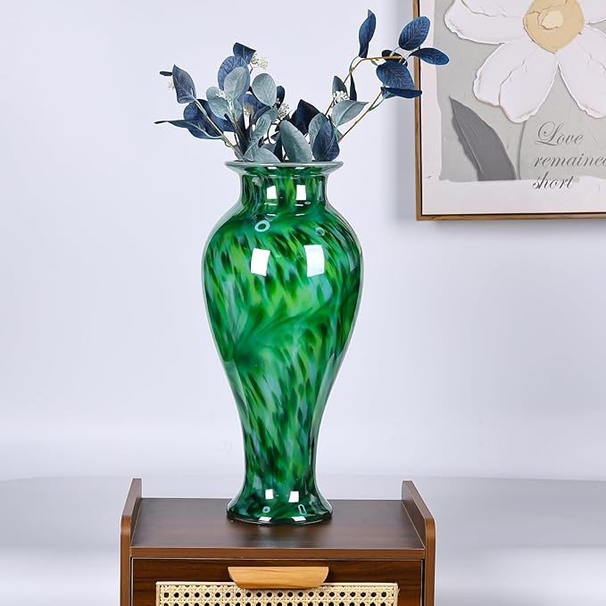 Large Hand Blown Green Glass Floor Vase 20in Modern Luxury Home Decor - Kwikley