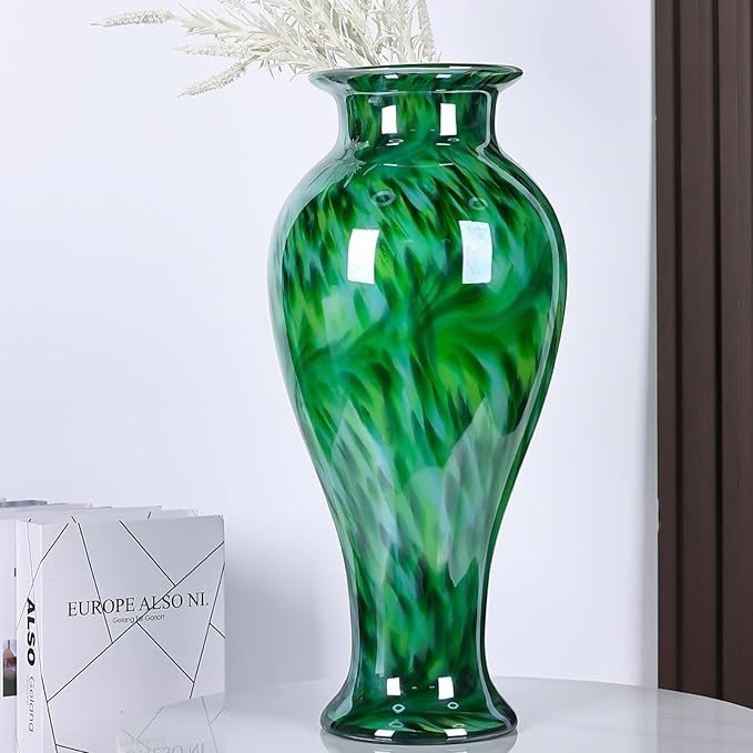 Large Hand Blown Green Glass Floor Vase 20in Modern Luxury Home Decor - Kwikley