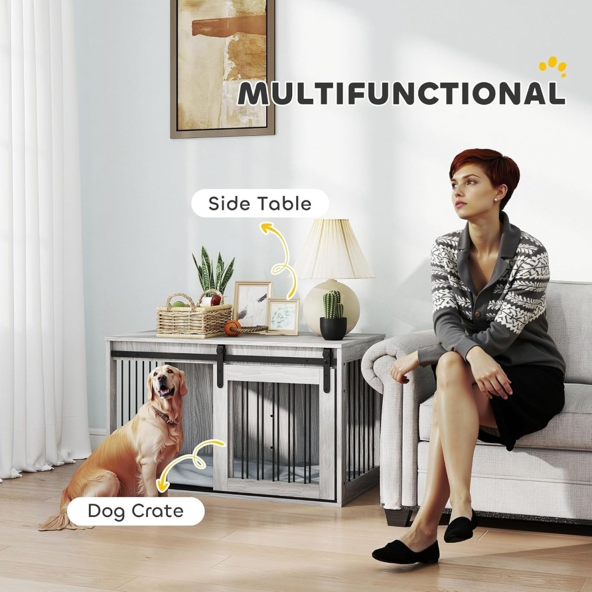 Large Indoor Dog Crate Table | Stylish Kennel w/ Cushion & Sliding Door - Kwikley
