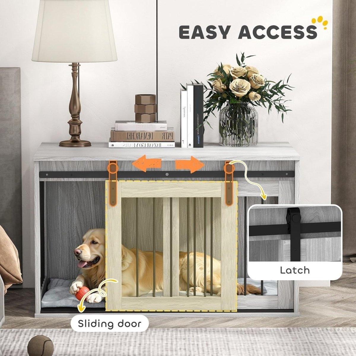 Large Indoor Dog Crate Table | Stylish Kennel w/ Cushion & Sliding Door - Kwikley