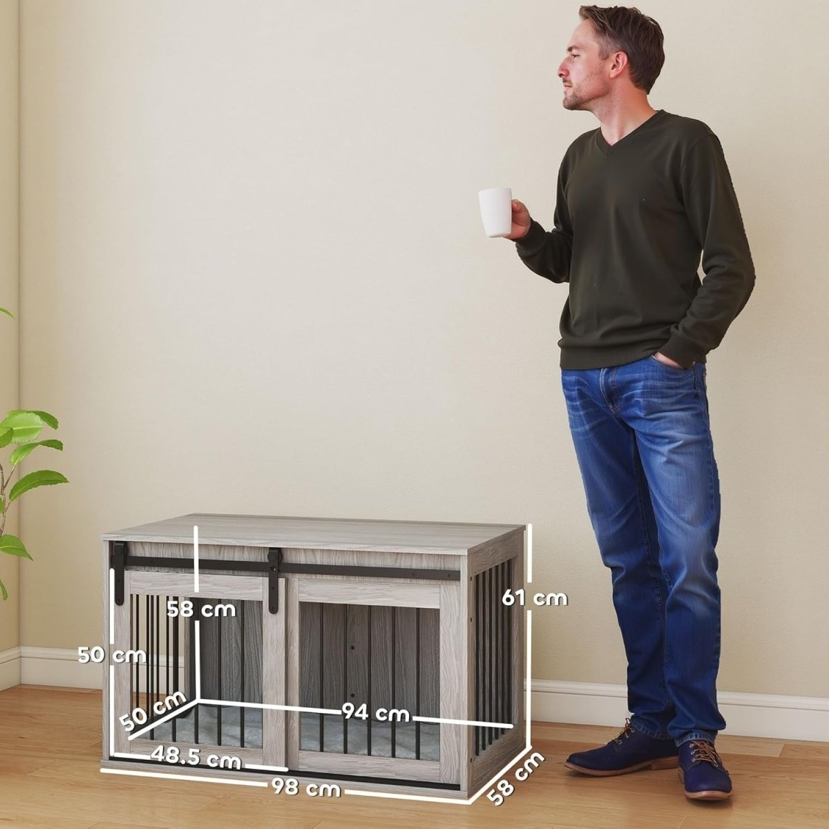 Large Indoor Dog Crate Table | Stylish Kennel w/ Cushion & Sliding Door - Kwikley