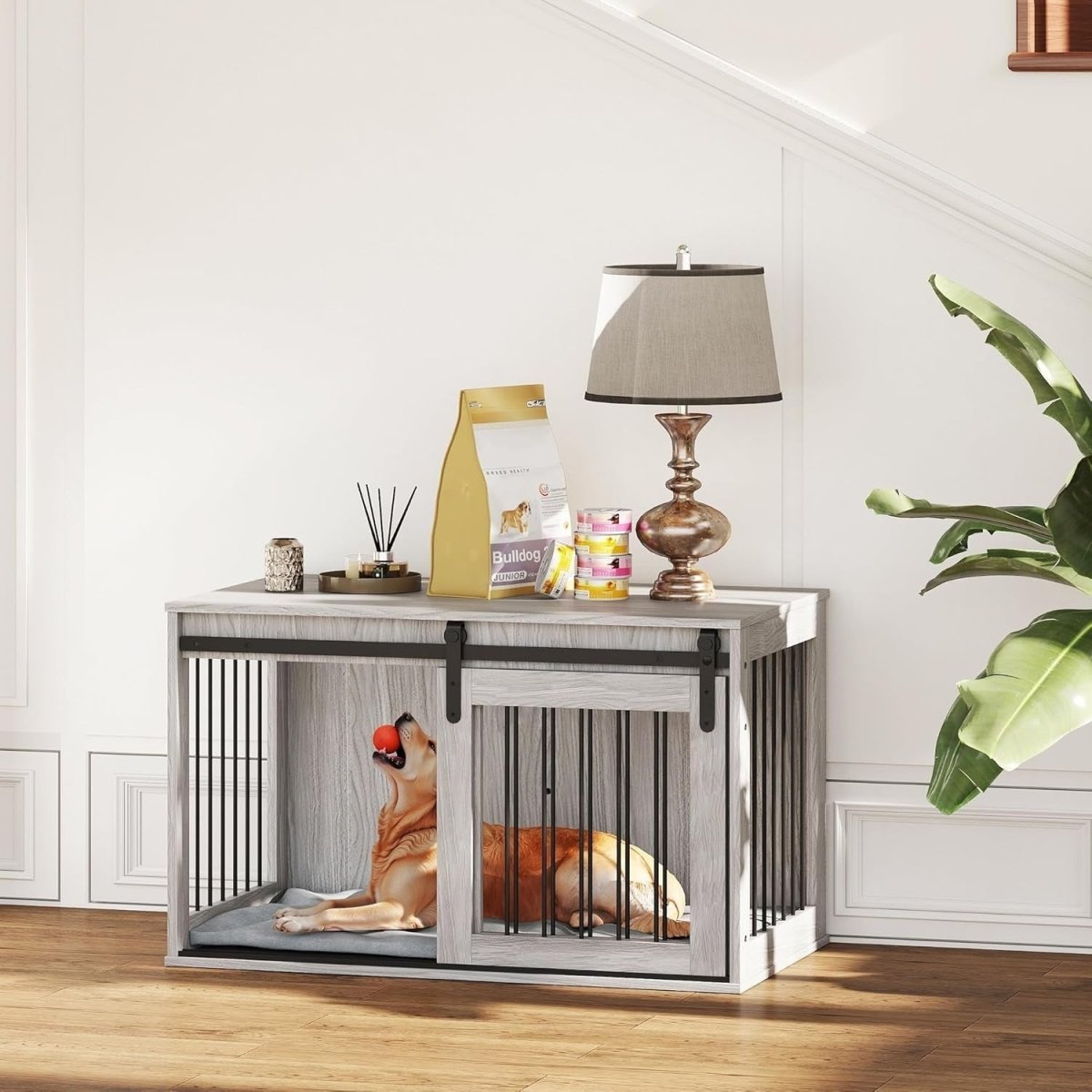 Large Indoor Dog Crate Table | Stylish Kennel w/ Cushion & Sliding Door - Kwikley