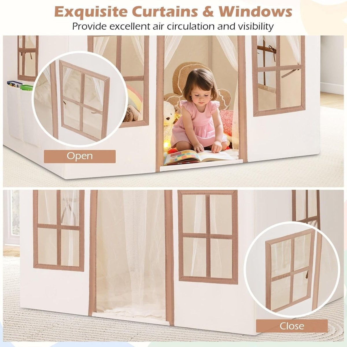 Large Indoor Kids Fairy Play Tent Castle with Star Lights Non Slip Mat - Kwikley