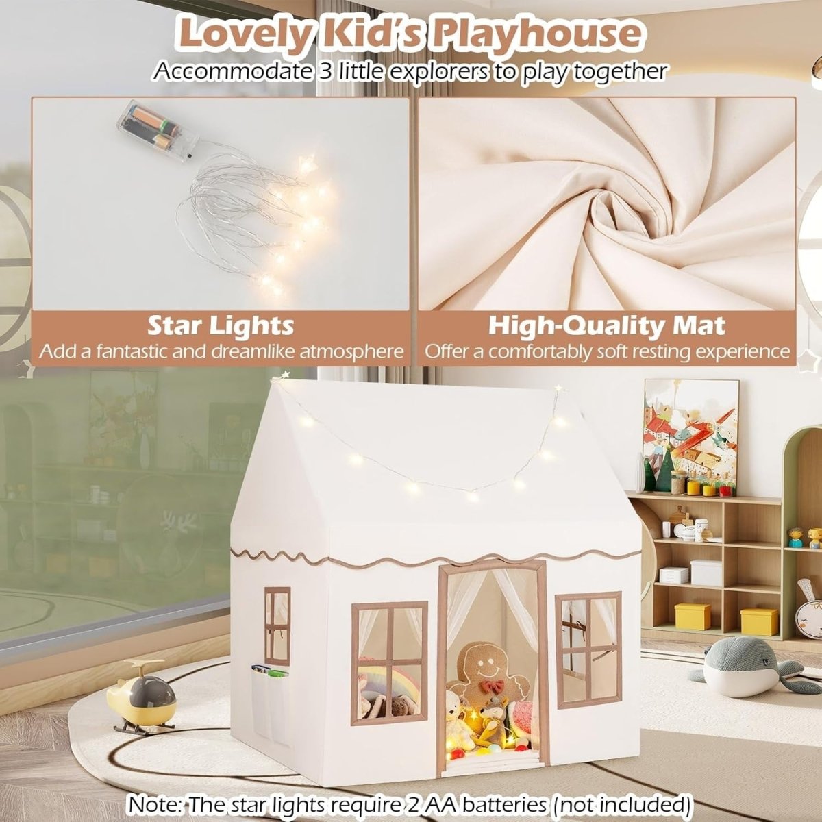 Large Indoor Kids Fairy Play Tent Castle with Star Lights Non Slip Mat - Kwikley