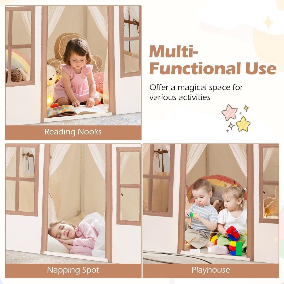 Large Indoor Kids Fairy Play Tent Castle with Star Lights Non Slip Mat - Kwikley