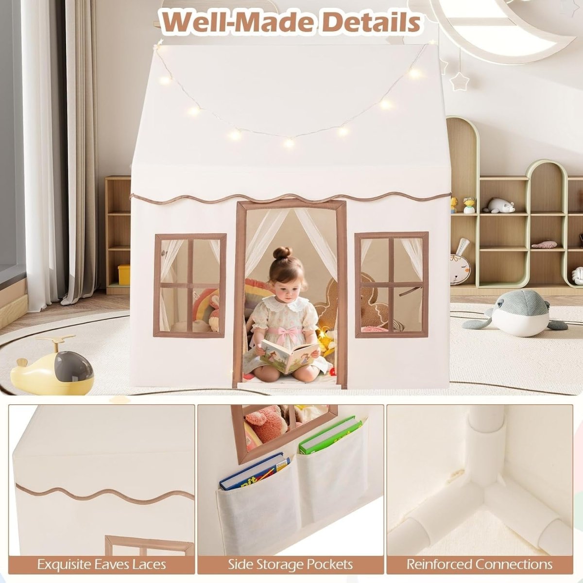 Large Indoor Kids Fairy Play Tent Castle with Star Lights Non Slip Mat - Kwikley