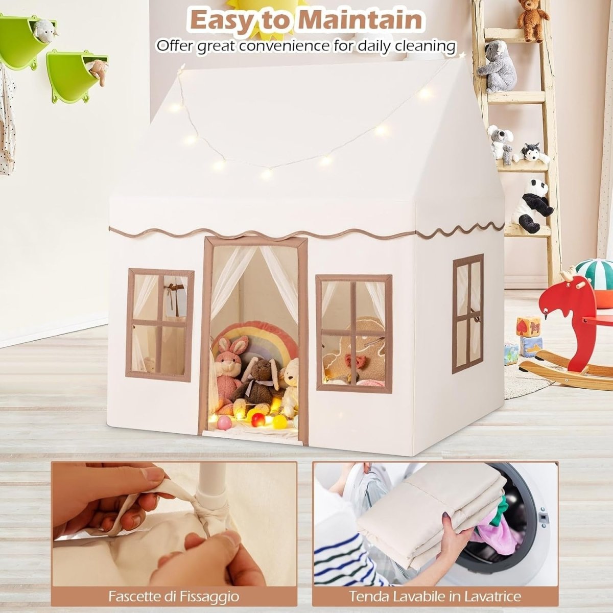 Large Indoor Kids Fairy Play Tent Castle with Star Lights Non Slip Mat - Kwikley