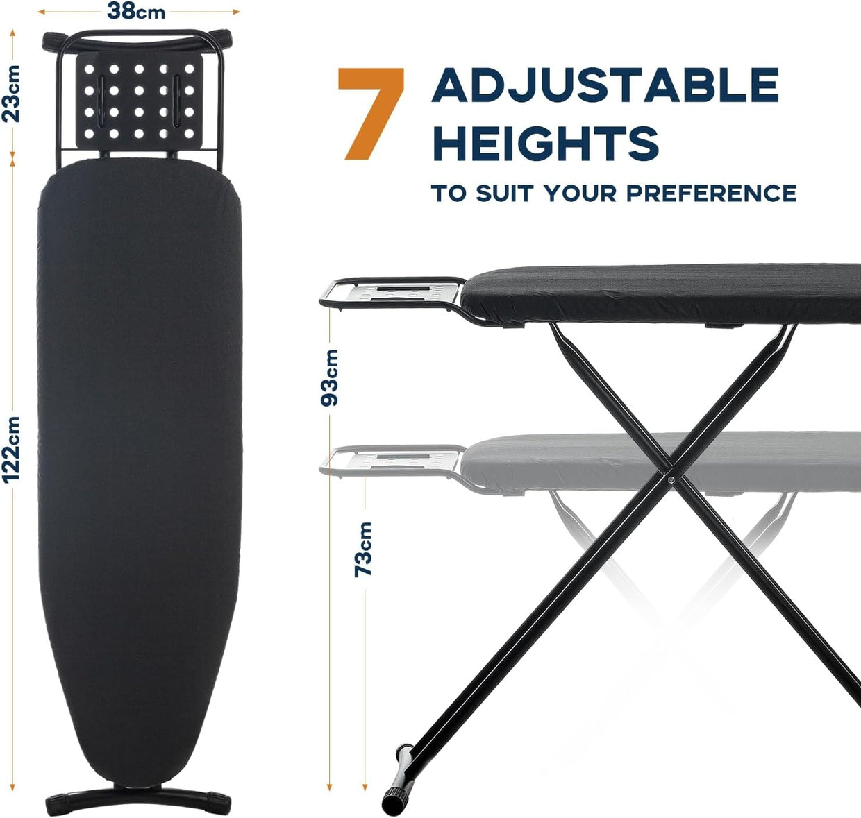 Large Ironing Board 121x41cm Adjustable Height Heat Resistant Cover - Kwikley