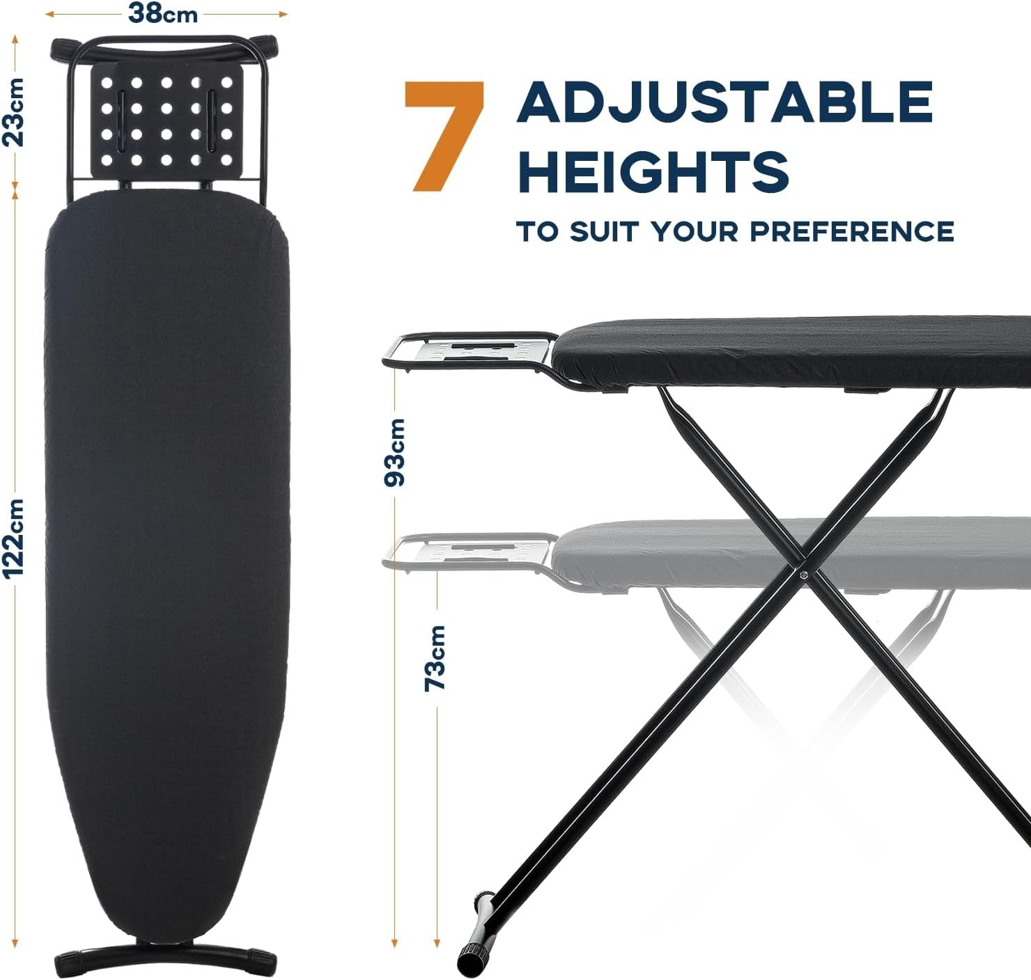 Large Ironing Board 121x41cm Adjustable Height Heat Resistant Cover - Kwikley