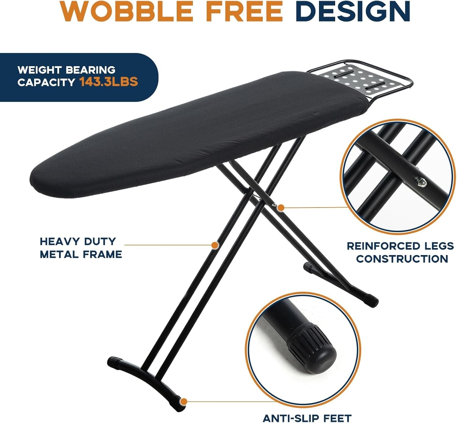 Large Ironing Board 121x41cm Adjustable Height Heat Resistant Cover - Kwikley