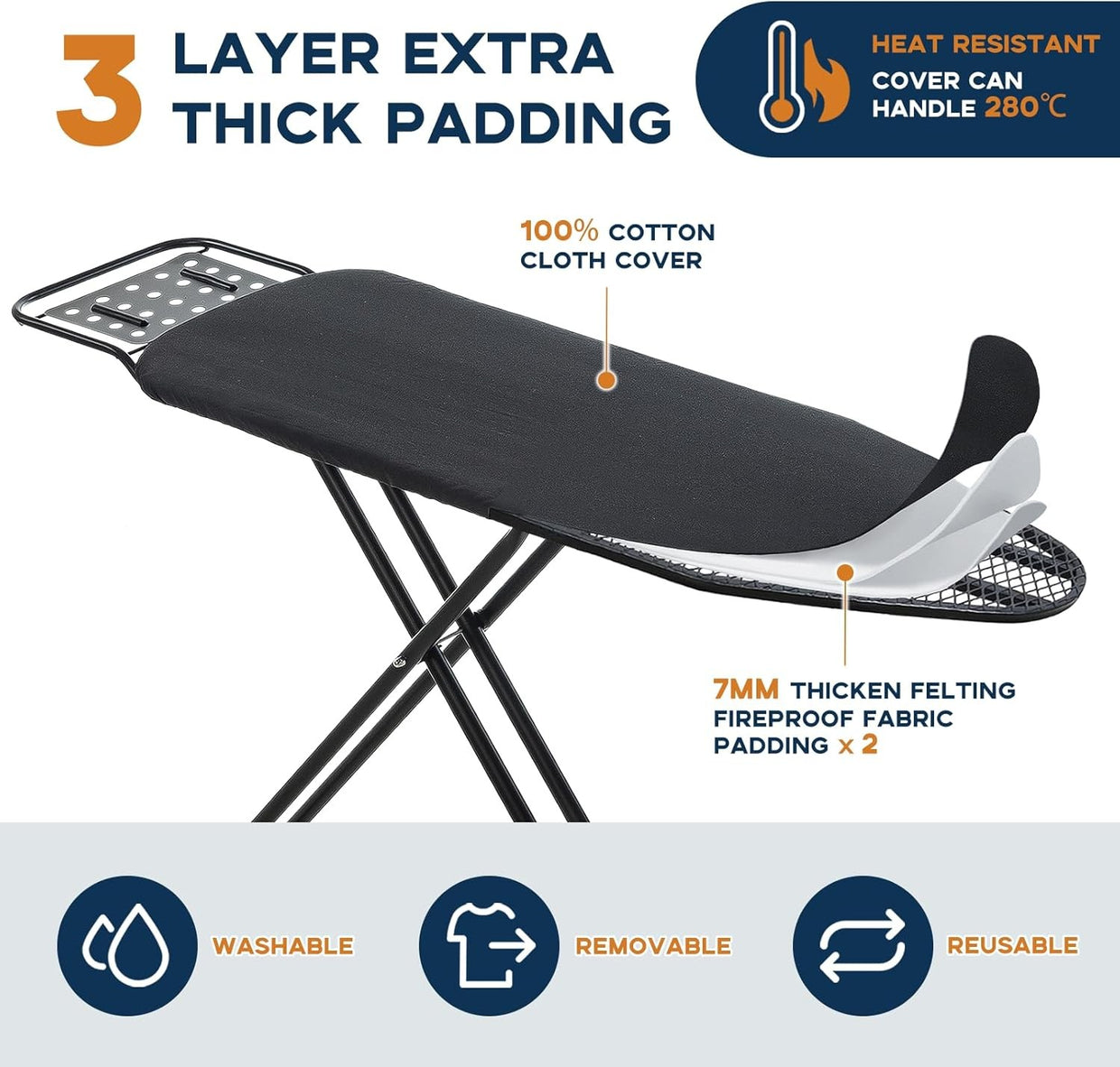 Large Ironing Board 121x41cm Adjustable Height Heat Resistant Cover - Kwikley