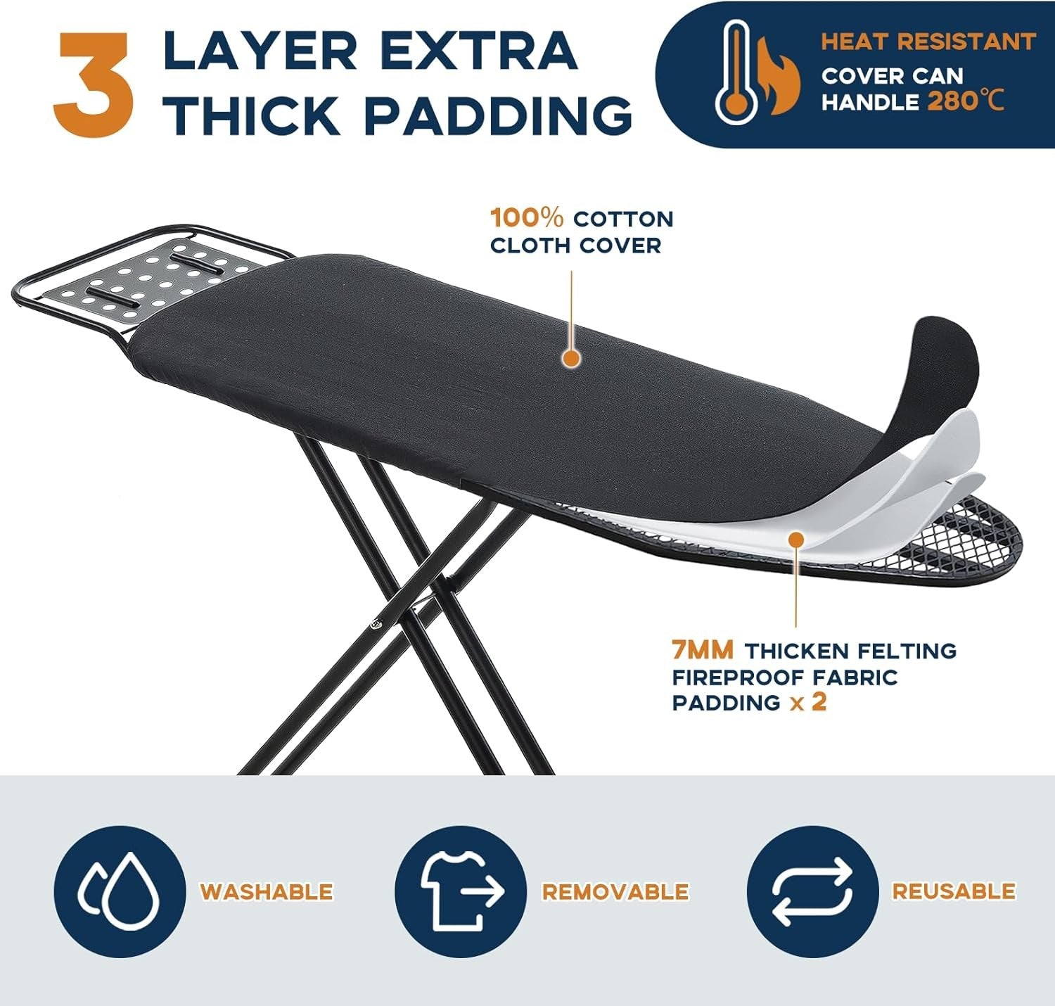 Large Ironing Board 121x41cm Adjustable Height Heat Resistant Cover - Kwikley